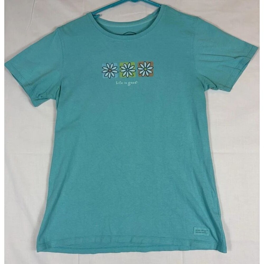 Life Is Good Ladies T-Shirt S/S Classic Fit Flowers Teal Blue Women’s Medium
